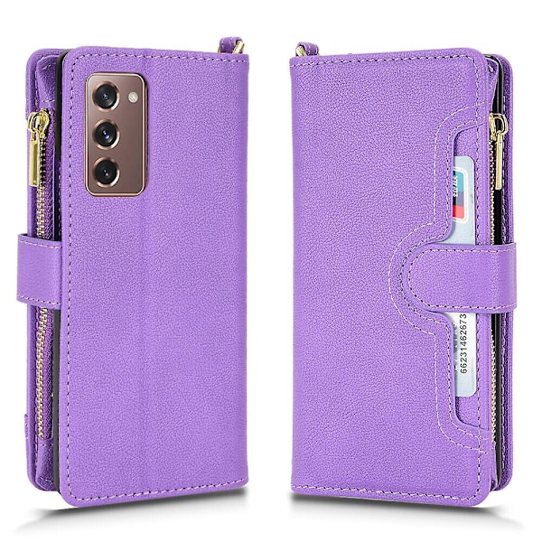 Etui til Samsung Galaxy Z Fold 2 med glidelås, magnetisk lommebok, kortspor, PU-lær, klaffetui Lilla Purple A