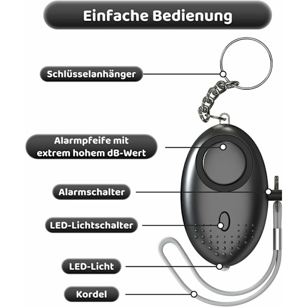 Personligt larm Anti-Attack Nyckelring - 130dB Nöd Säkerhets Ficklarm med LED-ljus - Förebyggande Varning för Kvinnor och Barn (Svart)