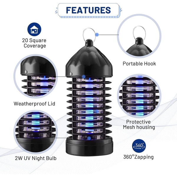 Bug Zapper, Elektrisk Fluesmækker, Myggemorder Udendørs/Indendørs, 4200V 20W Vandtæt Fluesmækker Myggefælde, Myggemorder til Hjem, Terrasse, Ba