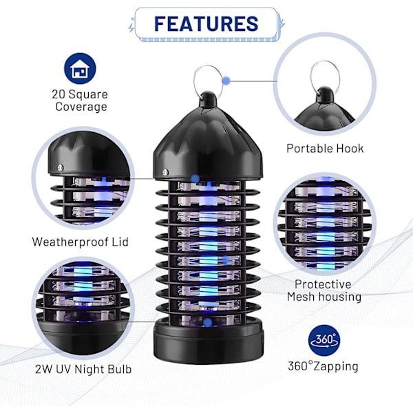 Bug Zapper, Elektrisk Flugzapper, Myggdödare Utomhus/Inomhus, 4200V 20W Vattentät Flugzapper Myggfälla, Myggdödare för Hem, Uteplats, Ba
