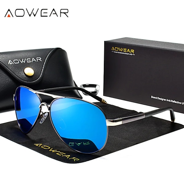 AOWEAR-merkin suunnittelijan polarisoidut aurinkolasit miehille, ilmailupinnoitetut peiliaurinkolasit miehille ja naisille, oculos gafas lentes de sol, sininen Blue AOWEAR