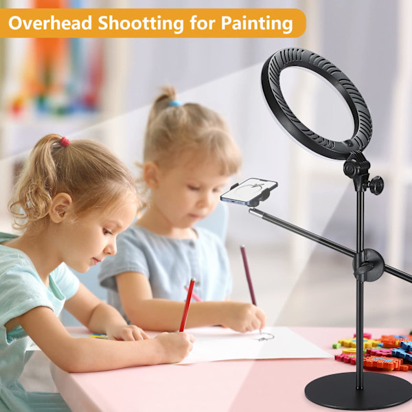 Selfie Ring Light med stativ og telefonholder, 10\" Overhead LED
