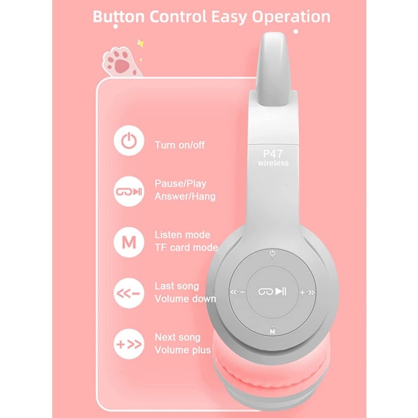 Langattomat Lasten Kuulokkeet, Bluetooth-Kuulokkeet Mikrofonilla, Kissan Korvat LED-Valolla, Lasten Kuulokkeet, TF-Kortti/Langalliset Taittuvat Kuulokkeet, Tytöille
