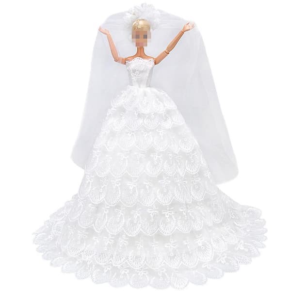 2 st 30 cm Barbie Kläder Dockor Lyxigt Mode Nio Lager Bröllopsklänning (Vit+Rosa)