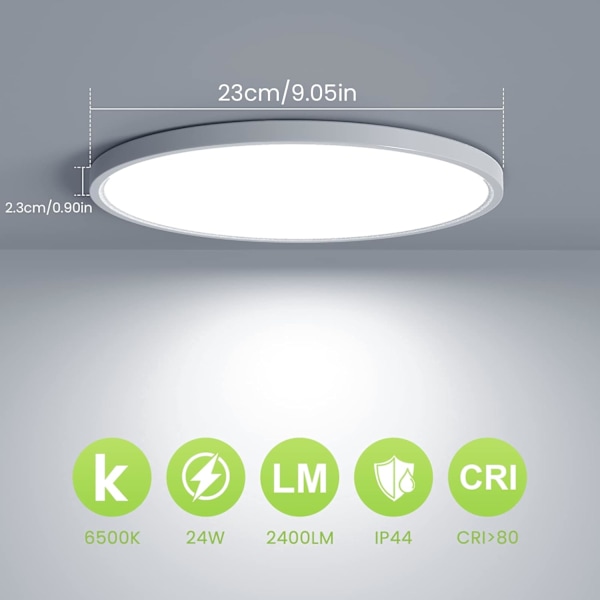 24W Rund LED Loftlampe, 6500K Loftlampe, 2400LM Moderne Lampe, Stue, Soveværelse, Køkken, IP44, Ø23cm