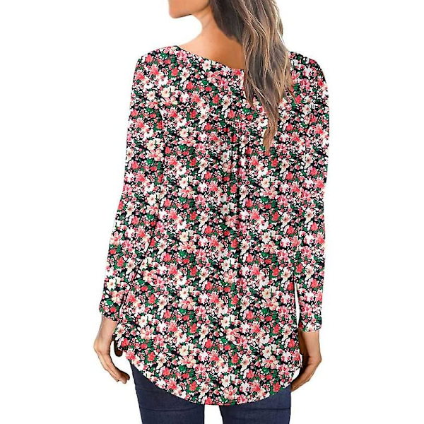Kvinner Casual Bluser Topper Løse Plisserte Blomstrete Tunika Skjorter For Kvinner Uk V-Hals Redpink M