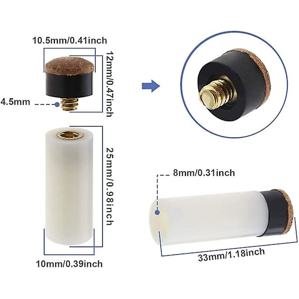 10 stk. samlesæt til billardkøer med hvide hylstre, skruesamlinger til billardkøspids og skruesamlinger til holdbare professionelle snooker-køer P