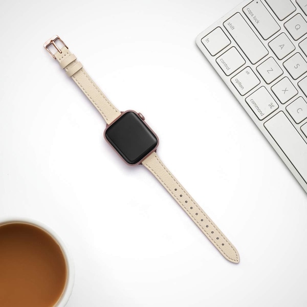 Hoikka nahkaranneke yhteensopiva Apple Watch Band 38 mm Beige Rose Goldilla Beige with Rose Gold 42mm/44mm/45mm/49mm