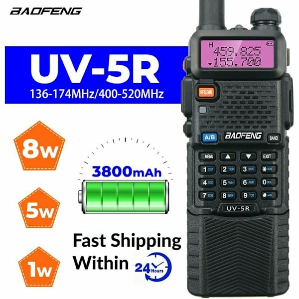 UV-5R 8W Walkie Talkie 3800mAh akulla, FM-radio, tehokas kaksoiskaistainen 128-kanavainen radioviestintätransceiver (2 kpl)