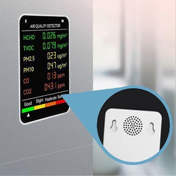6-i-1 PM2.5 PM10 HCHO TVOC CO CO2 Multifunksjonell luftkvalitetsdetektor med LCD-skjerm{BT}