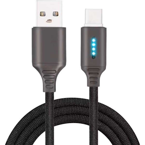 USB-C Hurtigopladningskabel, Nylon Synkroniseringsdataoverførsel Oplader - Smart Auto Power Off Kabel til Samsung/Oneplus (Sort)