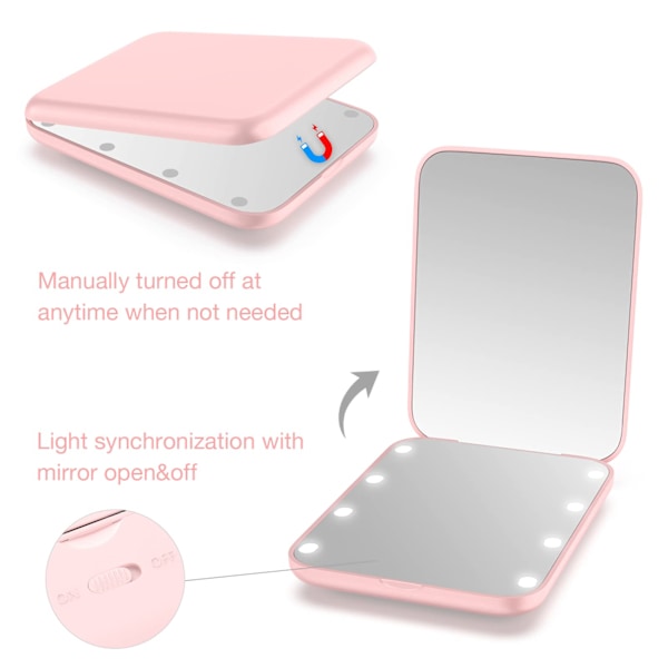 Lommespejl, kompakt LED-spejl, 1x/2x forstørrelsesspejl med lys, 2-sidet håndholdt magnetisk kontakt foldespejl til rejser (lyserød)