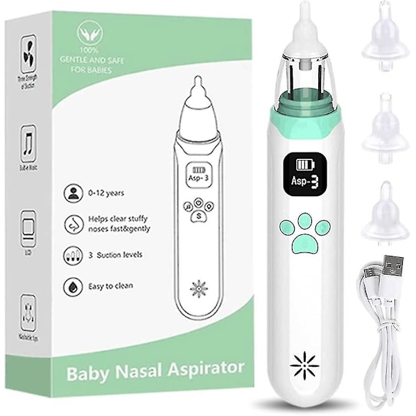 Elektrisk næsesuger til baby, baby næsesuger, USB genopladelig næsesuger med 3 sugeniveauer, 3 silikonespidser og musik og