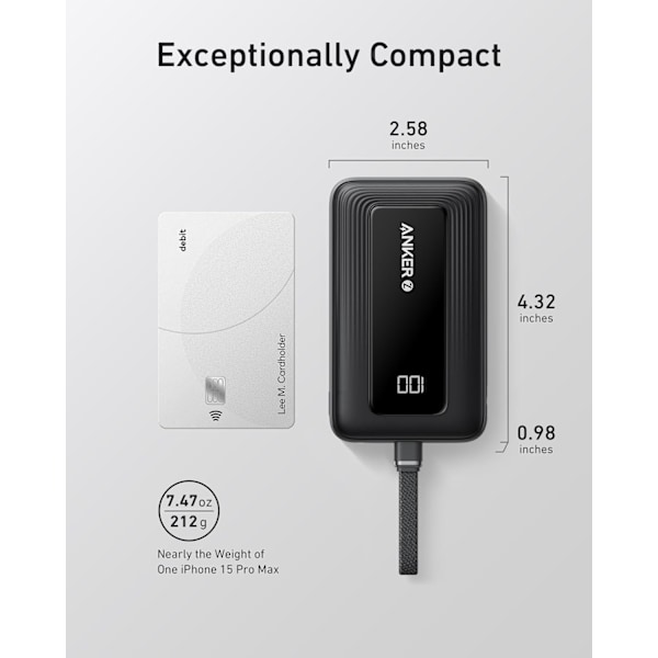 Powerbank, 10 000 mAh Höghastighetsladdare med Inbyggd USB-C-kabel, Snabbladdande Batteripack