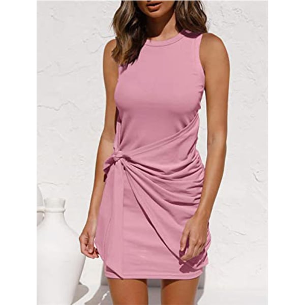 2023 Kvinner Sommer Casual Ermeløs Strand Tank Kjole Bodycon Ruched Mini Kjoler Rosa Rosa Pink M