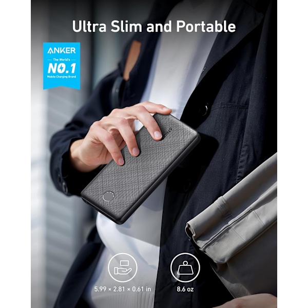 Powerbank, Kompakt Bærbar Oplader 10.000mAh Batteripakke med PoweriQ Opladningsteknologi og USB-C