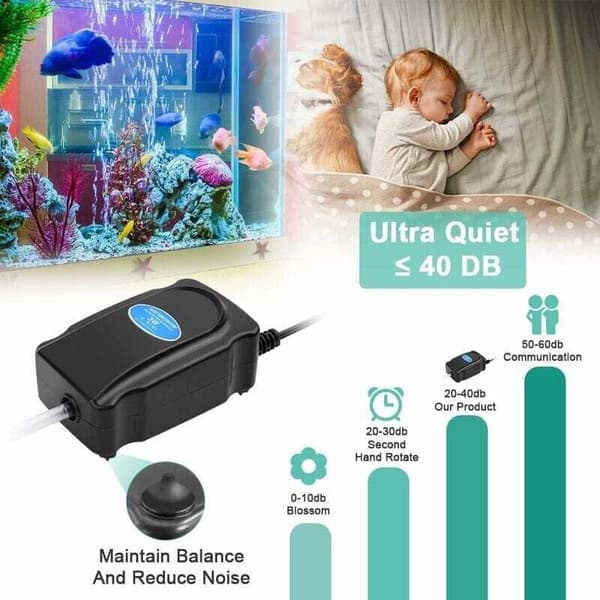 3W akvarie-luftpump, för 5-300 liters akvarier, mycket tyst, med 2M slang, luftsten, backventil och T-koppling, flöde 2 L/min, 1 luftutlopp BT