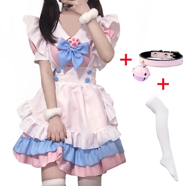 Mub- Maid Theme Restaurant Cafe Cosplay Kjole Krage Bell Hvite Sokker Strømpebukser Sexy Kjole Forbruke Maid Anime Maid Cosplay Kostyme 02 2 XL