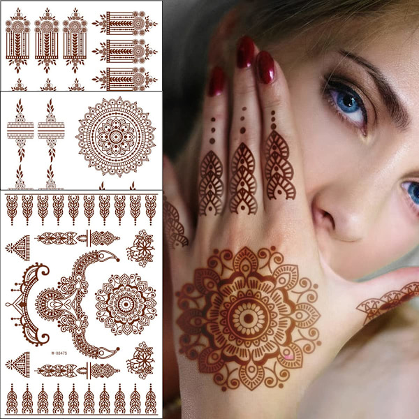 Sheets Henna Tatoveringer Brun Henna Midlertidige Tatovering Stickers Sexet Blonde Vandtæt Fjernelse Falske Tatoveringer Luksus Mandala Blomster Design Favør