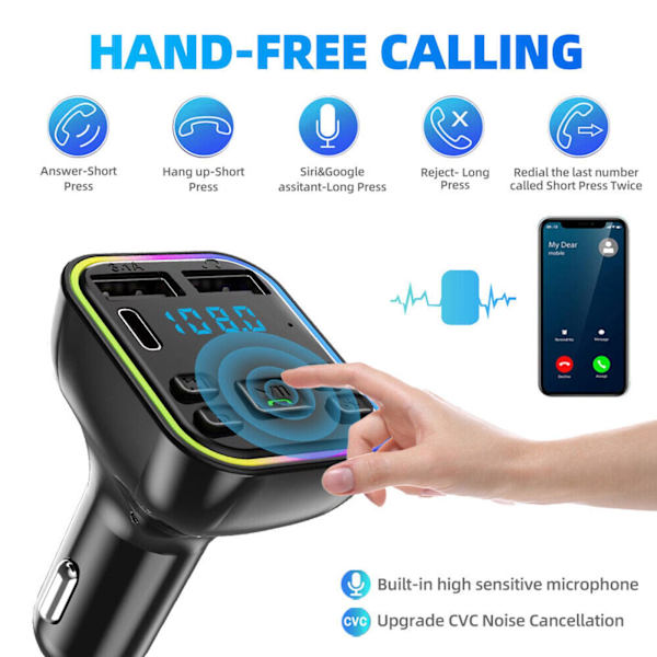 Bil trådløs Bluetooth FM-sender Type-C dobbel USB 3.1A lading