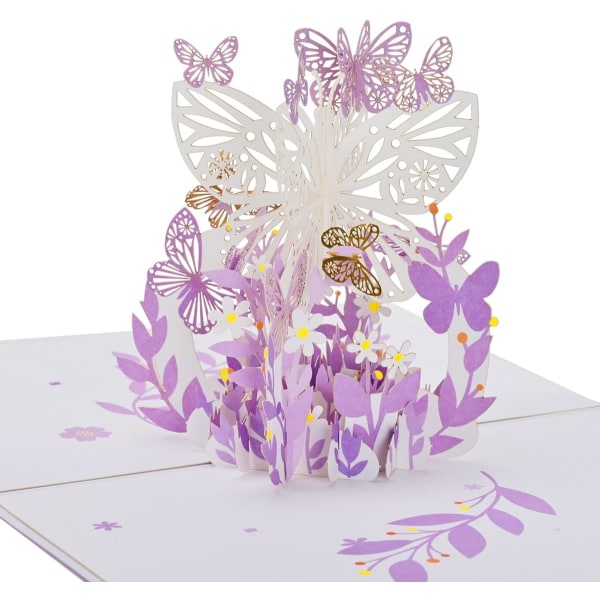 Fjärilskort med popup, handgjorda lila 3D-blomsterkort, födelsedag, mors dag, alla tillfällen