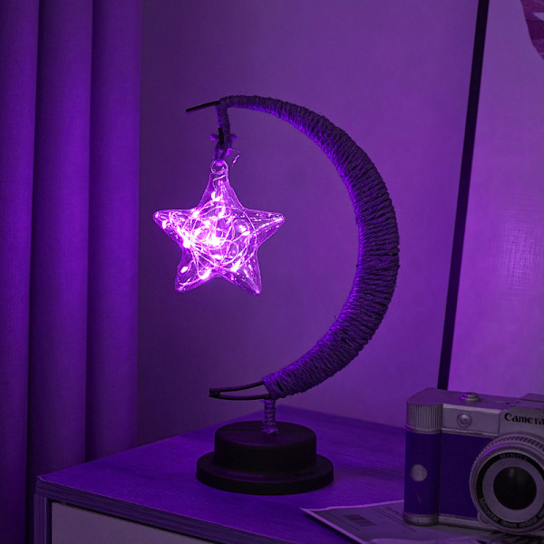 Dekorativa LED-lampor i form av stjärna, måne, äpple - Julbelysning, födelsedagspresent, handgjord hamparep, USB, järn, nattlampa Purple-Pentacle USB