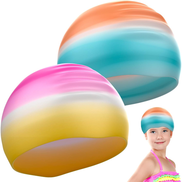 Simmössa barn långt hår 2-pack för barn förtjockning färgglad gradient, silikon simmössa vattentät simmössa flickor pojkar barn