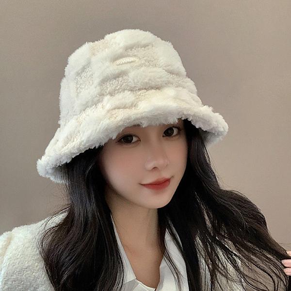 Lammeplysj fiskerhatt fleece rutete bøttehatt vinter Col Beige