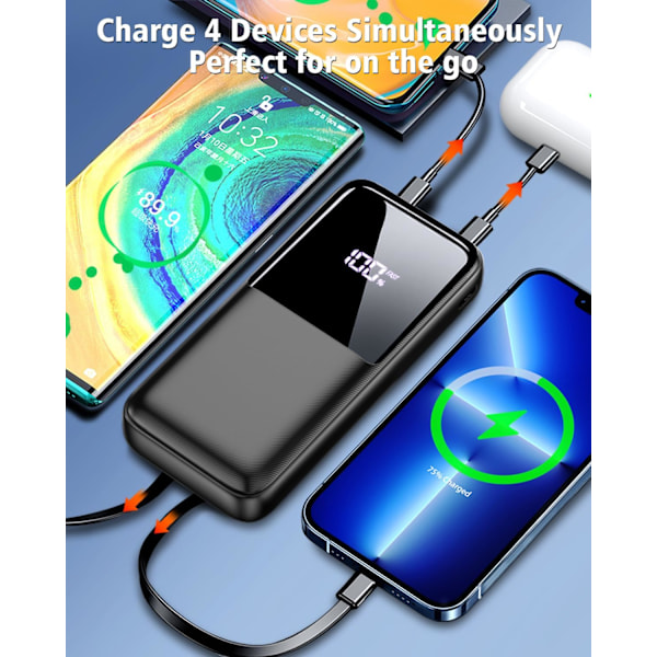 Powerbank Hurtigopladning 10000mAh med 2 Indbyggede Kabler & 3 Porte LED Display Sort