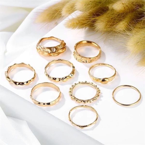 9-pak Ringe - Blanke, Matte & Forskellige Mønstre gold