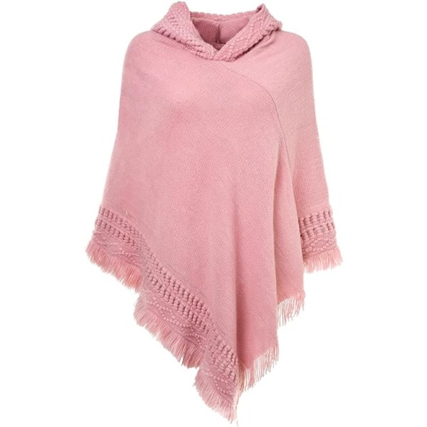 Chic virkat huva Poncho Cape (rosa) för höst-vinterkvinnor