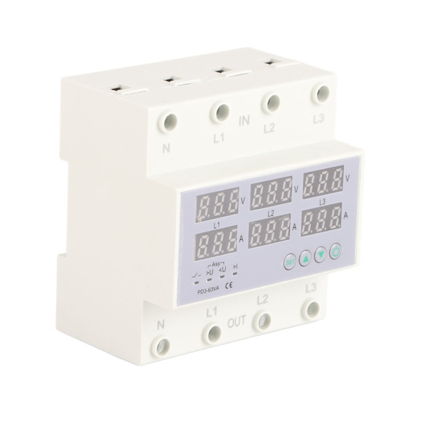3-fas DIN-skena voltmeter ammeter automatiskt överspänningsskydd överströmsskydd AC 390‑500V 63A