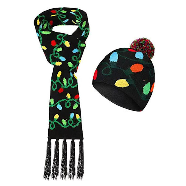 Hatt og skjerfsett med LED-lys, julehatt, snøfnugg, julenisse, klar, juletre, festlig frynset skjerf, lue Black