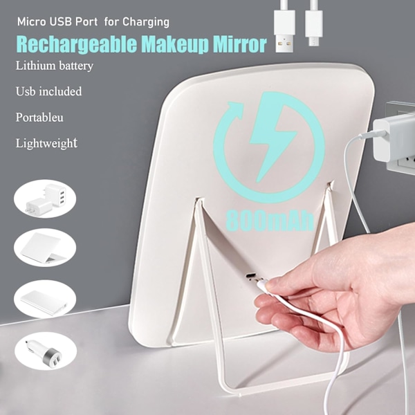 Lader Makeup-Speil med LED-lys, Bærbar Opplyst Makeup-Speil, 3 Fargebelysning, Dimbar Berøringsskjerm