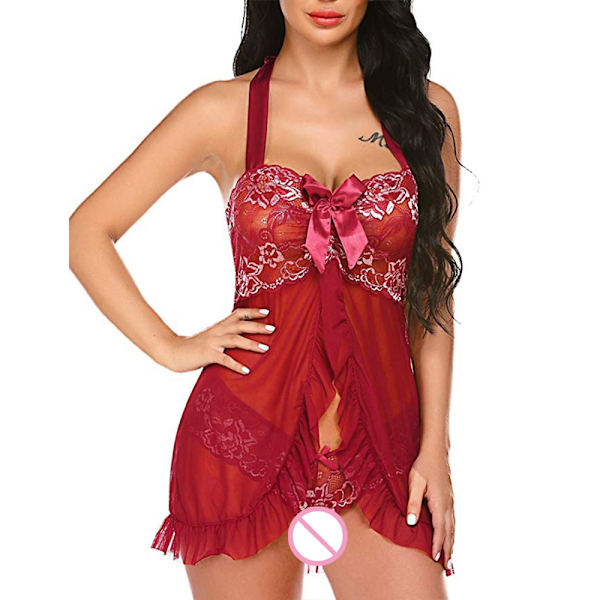 Kvinnlig sexig underkläder mesh push-up halterneck klänning nattkläder röd Red L