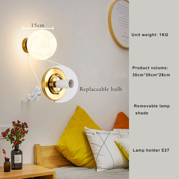 Vegglampe for innendørs, moderne vegglampe 15 cm, måne og astronaut design LED vegglampe, innendørs vegglampe for barnerom