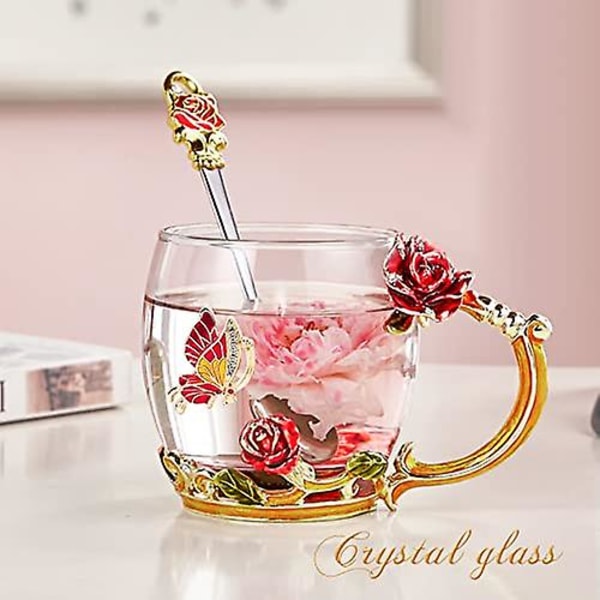 Glass kaffekopper emaljerte krus sommerfugl rose morsdagsgaver jule tekopp med skjesett Ed