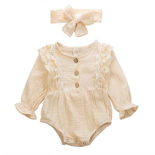 Nyfødt varm bomuldslinned knappe flæse jumpsuit V beige Beige 12M