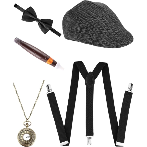 5-osainen 1920-luvun Gatsby Gangster -setti miehille 30-luvun Manhattan Gangster Baskeri Y-selkäremmit