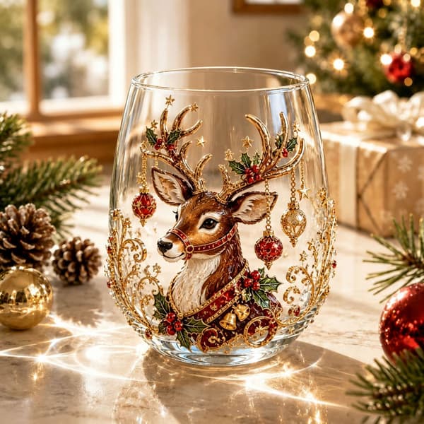 Julglas konstkopp 300ml, festligt dricksglas, julklappsglas Christmas reindeer
