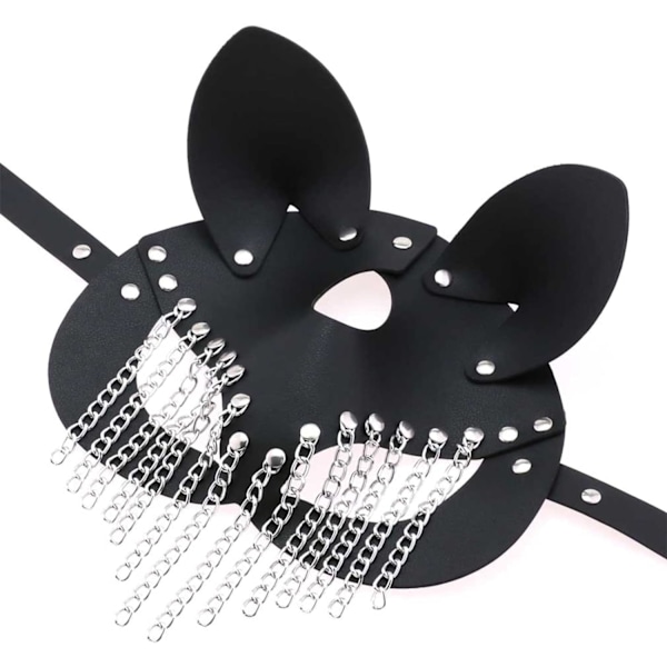 Moonlove PU-läder kattmask med kedjetasslar för kvinnor män, kostym cosplay Halloween mask mystisk halv ansiktsmask punkmask