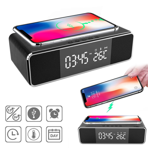 Bluetooth-högtalare multifunktions väckarklocka med radio LED