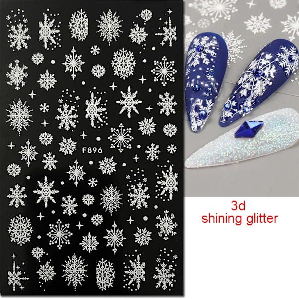 Neglekunst 3D-klistremerker skinnende glitter vinter jul snøflak lim skyer negleklistremer dekorasjon for neglespisser skjønnhet. JO908 white