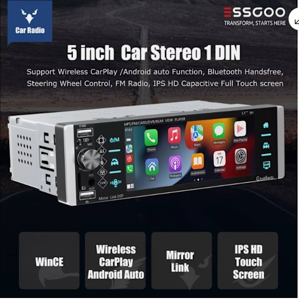 Enkel DIN 5\" Bilstereo Radio Trådlös Apple CarPlay Android Auto Bluetooth USB[qb]