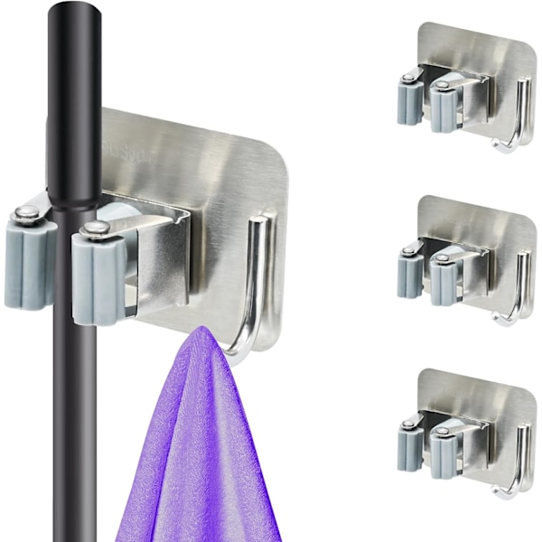 Väggmonterad Kvast- och Mopphållare, 4-pack (Silver), Självhäftande, Borrfri, med Krokar, Köksförvaring, Spa D