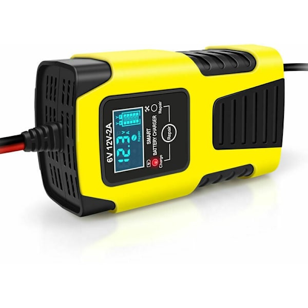 12V/2A 24V/2A Automatisk intelligent batterioplader bærbar vedligeholdelsesoplader bil og motorcykel batteridesulfatering gul