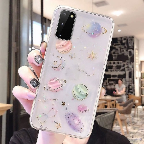 Jentete etui til Samsung Galaxy S21 5g Glitter etui Pen fint klart skinnende Sparkle Bling etui til jenter kvinner Planet stjerner design Myk TPU støtsikker C