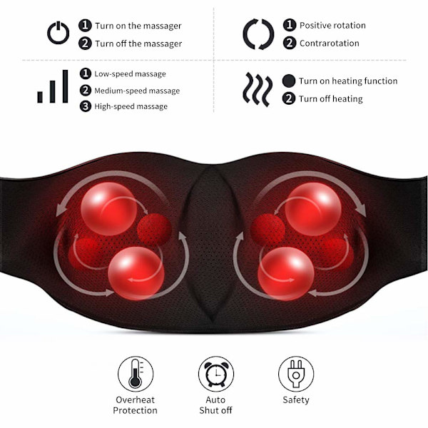 Kaulahieroja, syväkudos 3D-hierontalaite, kannettava, lämmityksellä, shiatsu-hieroja niskalle, selälle, olkapäille, jaloille ja säärille, kotiin ja autoon (musta)