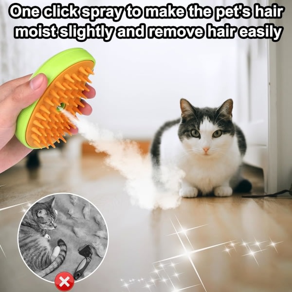 Steamy Cat Brush - 3-in-1 Self-Cleaning Massage Brush - Rechargeable Silicone Pet Hair Removal Brush (Green)