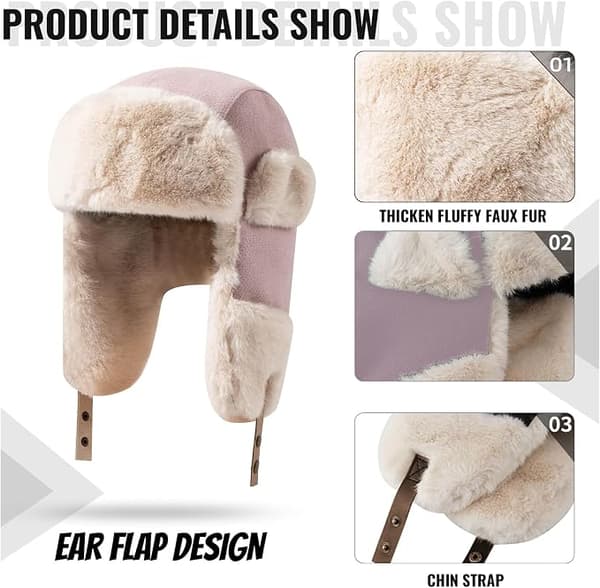 Vinter trapper hat med øreklapper, varm russisk hat til kvinder, trapper hat/skihue til mænd. pink